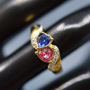 Gold tone with blue and pink crystal, womens ring,size 9 1/4