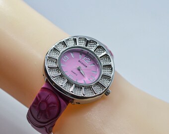 Pink and silver tone womens fashion cuff watch