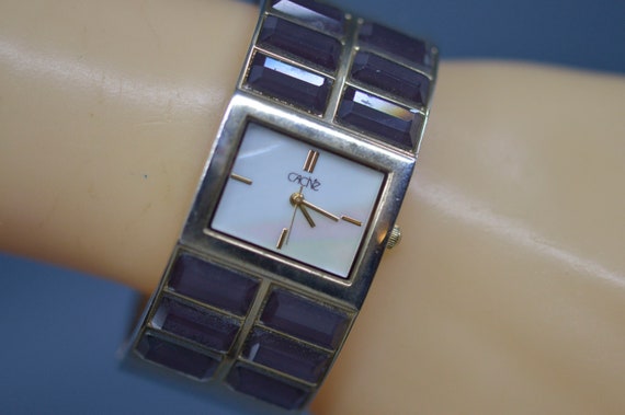 Silver tone with blue ornament, womens cuff watch - image 1