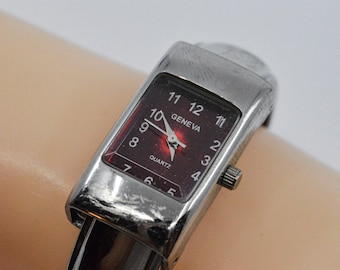 Geneva silver tone with red dial womens fashion cuff watch