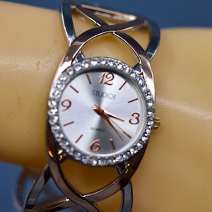 Silver tone womens, fashion cuff watch
