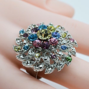 Silver tone with multi color crystals womens fashion ,cocktail ring, Siae 8 3/4