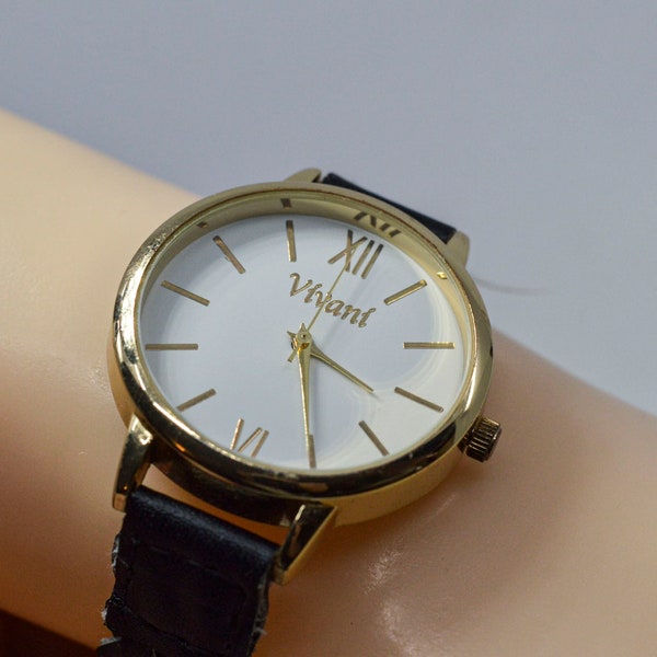 Gold tone with black band womens fashion wrist watch