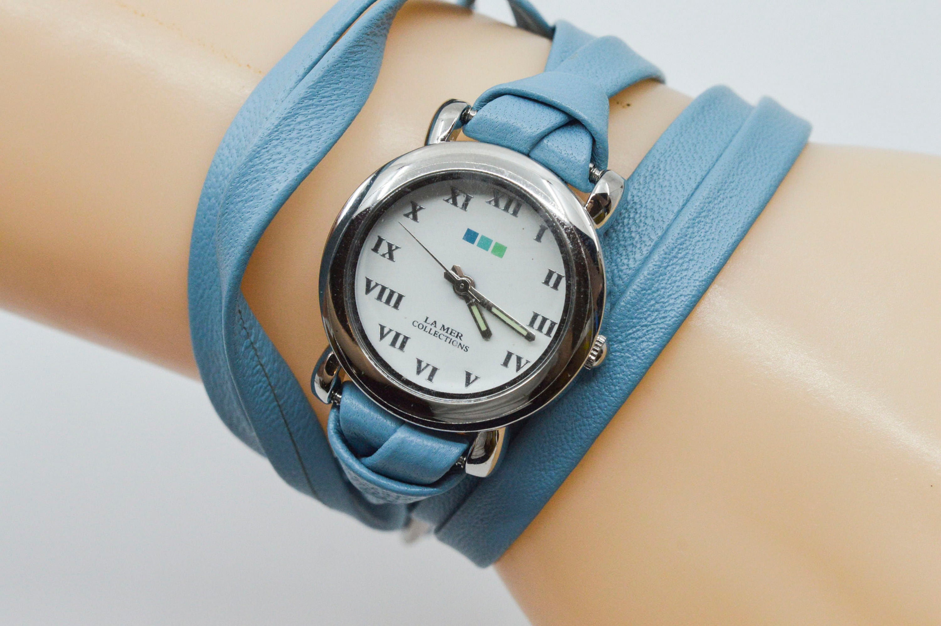 La Mer Collection Steel Tone With White Dial and Long Blue Wrap 
