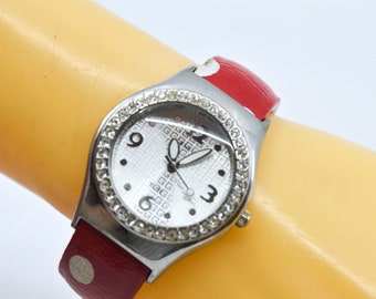 Silver and red tone , womens cuff watch