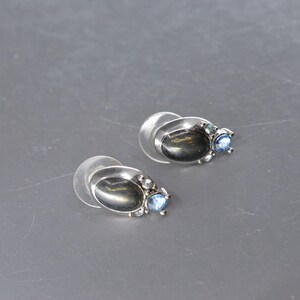May include: A pair of silver stud earrings. Each earring has an oval, dark grey stone and three smaller, light blue stones. The earrings are set on clear, plastic posts.