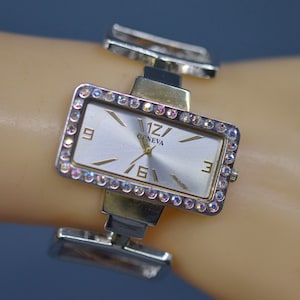 Silver tone with crystals, womens cuff watch