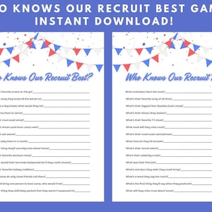 May include: A printable game sheet titled "Who Knows Our Recruit Best?" with questions about a recruit. The design features red, white, and blue bunting and text. The words "Instant Download" are at the top.