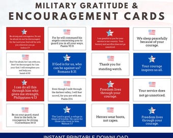 May include: A printable card set with patriotic themes, featuring inspirational quotes and messages of gratitude for military personnel. The cards are in red, white, and blue, with American flag and star designs. Text includes phrases like "Freedom lives through your courage."