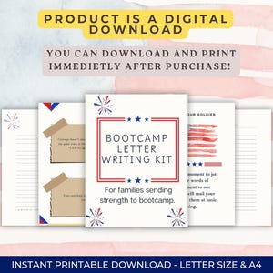 May include: A digital download of a Bootcamp Letter Writing Kit. The kit includes printable pages with patriotic designs, quotes, and writing prompts. The text reads "Bootcamp Letter Writing Kit" and "For families sending strength to bootcamp."