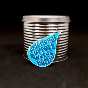 May include: A silver can with a blue water drop sticker that says "emotional support water bottle".