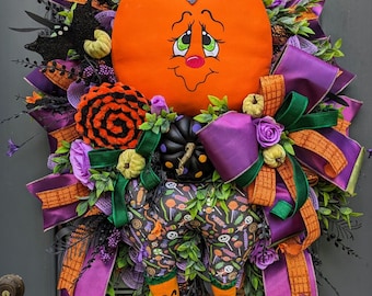 Whimsical Halloween Wreath: Pumpkin Head, Witch Legs, Handmade Decor