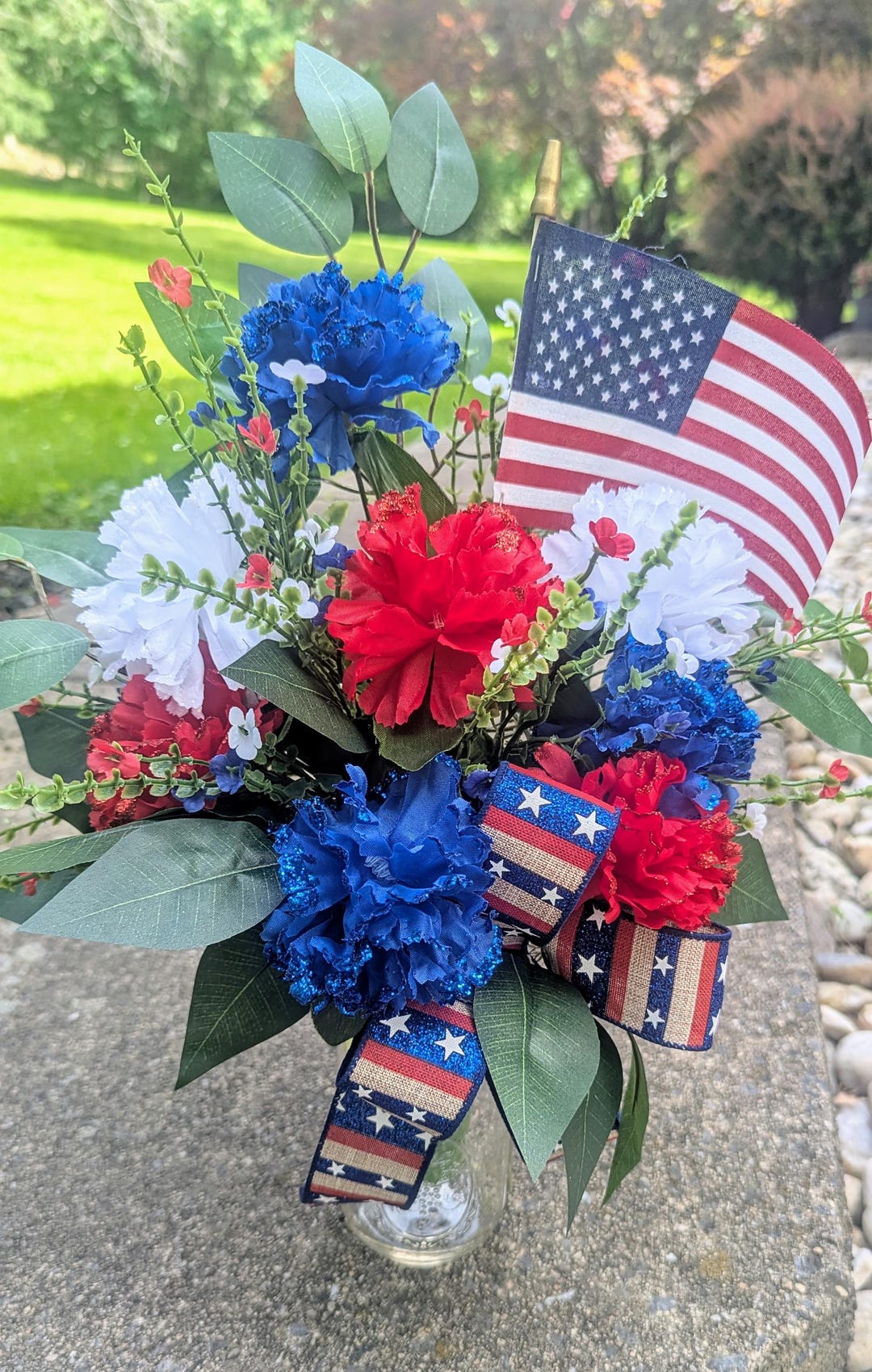 Patriotic Cemetery Flower Arrangement, Red White and Blue Memorial Cone ...