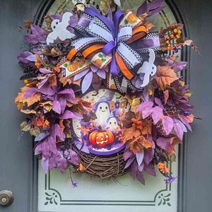 Halloween wreath for front door, Halloween grapevine wreath, Ghost wreath, Fall wreath, Halloween decor, Wreath for Halloween