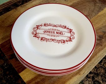SET of (4) Ciroa JOYEUX NOEL Christmas White Red Fine China Salad Plates 8.25”