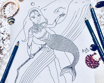 Modest Mermaid Warrior Humpback Whale Fantasy Ocean PDF coloring page Line Art printable