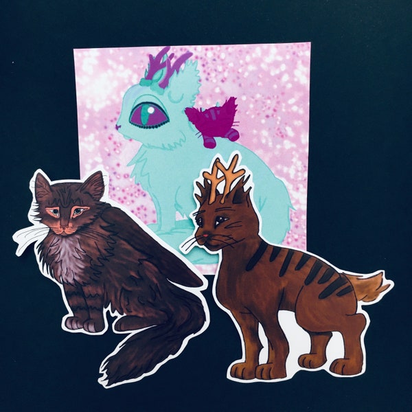 Fantasy Cat Stickers Set of 3 Antlers Wings Catwings Kitten Brown Bobcat Feline Scrapbooking