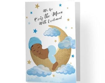 Afroamerikanskt babyshower-hälsningskort, babyshower-hälsningskort för svart pojke, babyshowerkort, Over The Moon-tema