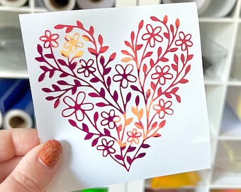 Floral Heart Sticker, Flower Permanent Vinyl Decal