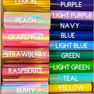 Puede incluir: Una colecci&oacute;n de rollos de vinilo dispuestos en dos columnas. La columna izquierda presenta colores iridiscentes etiquetados como Blackberry, Silver, Apricot, Lemon, Peach, Grapefruit, Strawberry, Raspberry, Berry, Plum, Blueberry y Lime. La columna derecha muestra colores s&oacute;lidos etiquetados como Black Gloss, Black Matte, White Gloss, White Matte, Gray, Purple, Light Purple, Navy, Blue, Light Blue, Green, Light Green, Teal, Yellow, Brown, Orange, Red, Pink y Light Pink.