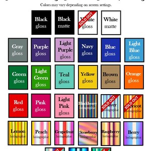 May include: A color chart from CharmingCraftCompany displaying various vinyl options. The grid includes solid gloss colors like black, white, blue, and red, alongside holographic finishes labeled as blackberry, lemon, peach, and berry, with some marked sold out.