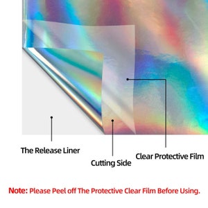 May include: A sheet of holographic vinyl with a rainbow metallic finish. The image shows the release liner, the cutting side, and a clear protective film. Text labels identify these parts, and a note states: Please Peel off The Protective Clear Film Before Using.