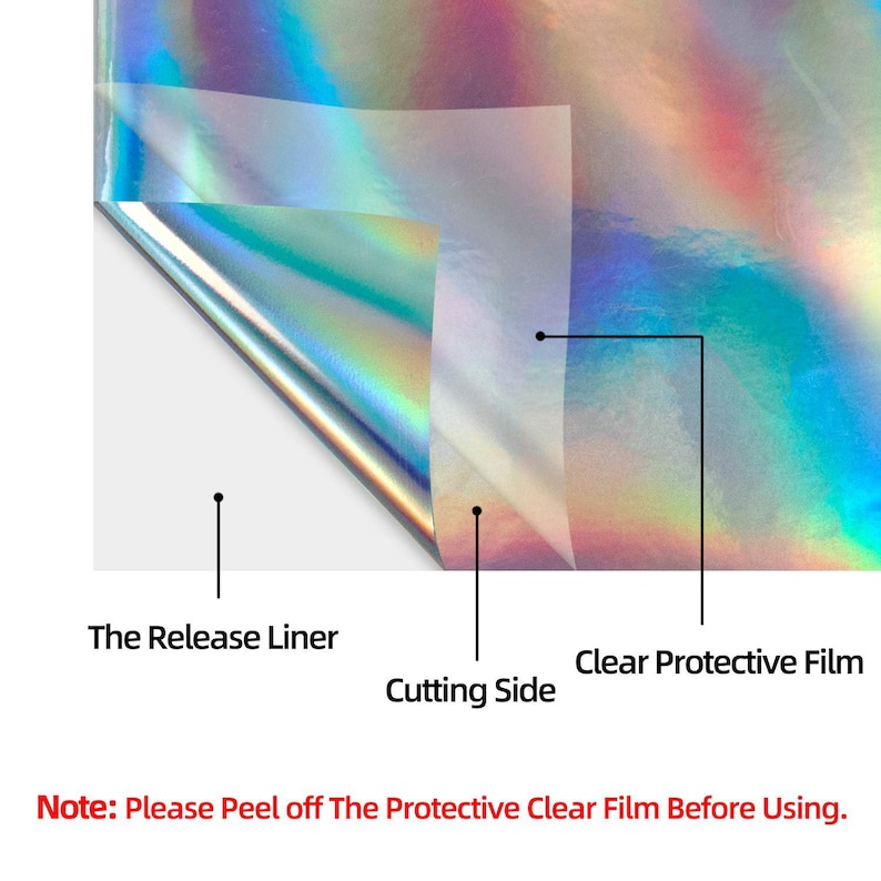 May include: A sheet of holographic vinyl with a rainbow metallic finish. The image shows the release liner, the cutting side, and a clear protective film. Text labels identify these parts, and a note states: Please Peel off The Protective Clear Film Before Using.