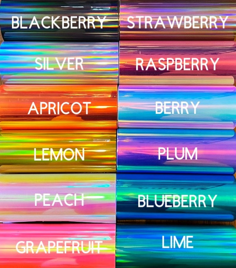 May include: A grid of twelve rectangular rolls of iridescent craft foil, each labeled with white text: Blackberry, Strawberry, Silver, Raspberry, Apricot, Berry, Lemon, Plum, Peach, Blueberry, Grapefruit, and Lime. The foils display metallic, color-shifting surfaces.