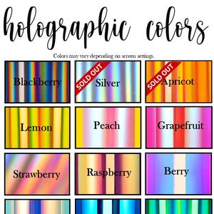 May include: A color chart titled CharmingCraftCompany holographic colors featuring twelve rectangular swatches with vertical gradients. Labels include Blackberry, Silver, Apricot, Lemon, Peach, Grapefruit, Strawberry, Raspberry, Berry, Plum, Blueberry, and Lime. Silver and Apricot are marked with a red Sold Out banner.