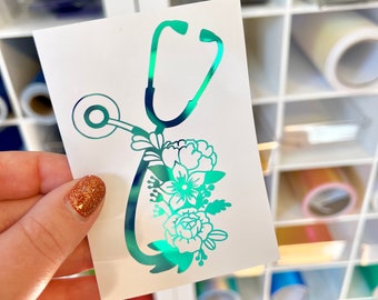 floral stethescope sticker, stethescope decal, floral car window decal, nurse tumbler sticker, RN vinyl decal, permanent vinyl sticker