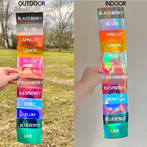 Puede incluir: Una tabla de muestras de color vertical con tiras iridiscentes de acabado met&aacute;lico etiquetadas con los nombres Blackberry, Silver, Apricot, Lemon, Peach, Grapefruit, Strawberry, Raspberry, Berry, Plum, Blueberry y Lime, bajo luz exterior e interior.