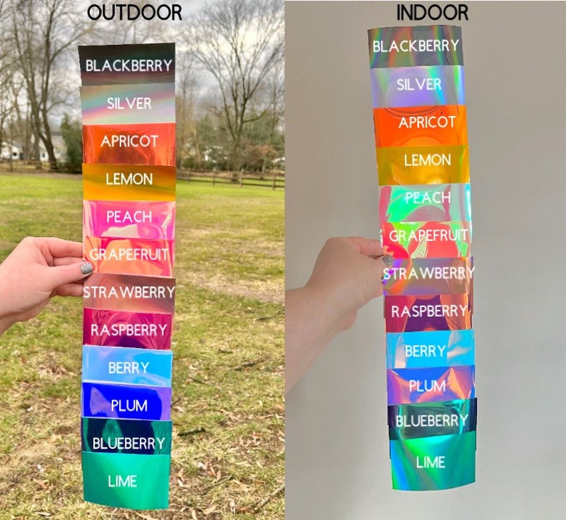 Puede incluir: Una tabla de muestras de color vertical con tiras iridiscentes de acabado met&aacute;lico etiquetadas con los nombres Blackberry, Silver, Apricot, Lemon, Peach, Grapefruit, Strawberry, Raspberry, Berry, Plum, Blueberry y Lime, bajo luz exterior e interior.