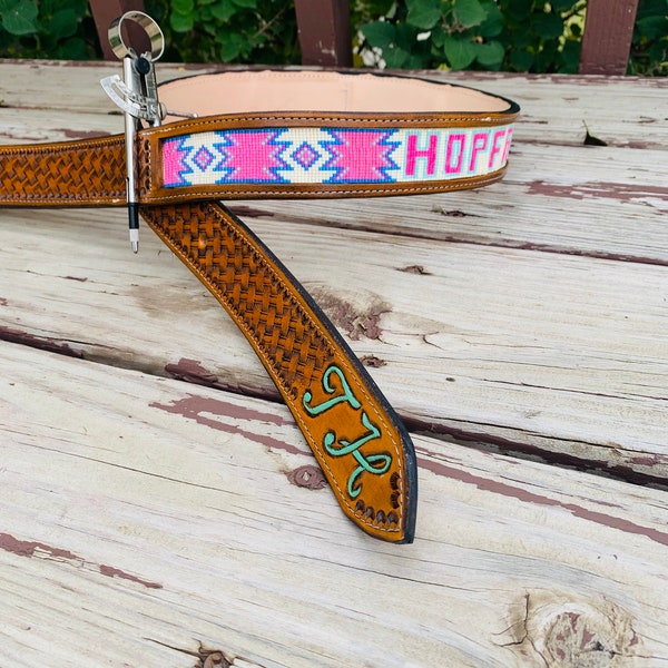 Custom beaded tooled Leather Belt