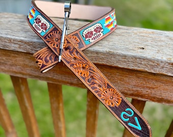Adult Custom beaded tooled Leather Belt