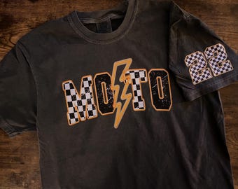 MOTO Varsity Shirt | Lightning Bolt Moto | Checkered | Moto Life | Moto Mama | Gift For Moto Mom | Moto Comfort Color Shirt | Motocross