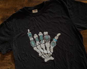 Turquoise Skull Hand | Comfort Colors Shirt | Western Skeleton Hand | Country Music Shirt | Concho Ring Shirt | Punchy Skeleton Turquoise