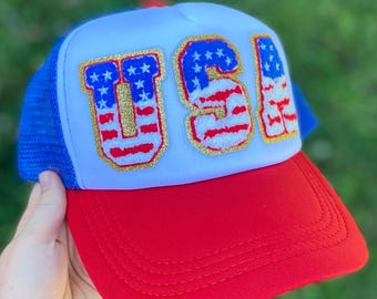 USA Trucker Hat | Chenille Patch USA | July 4th |