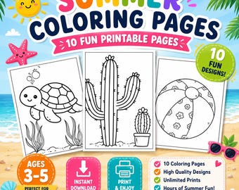 Summer Coloring Pages | Ages 3-5 | Summer Activity Sheets | Summer Activities | Party Favors | Quiet Time Activity | Kids Color | PNG Files