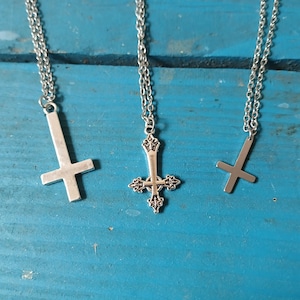 Small Silver Upsidedown Cross Necklace, Small Inverted Cross Necklace, Satanic Necklace