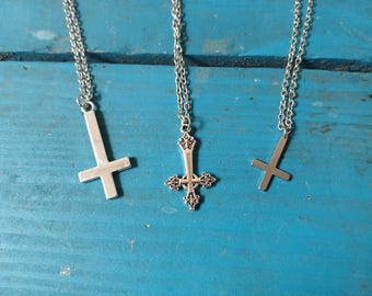 Silver Inverted Cross Necklace: Stainless Steel Chain,