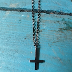 Small Black Inverted Cross Necklace,  Small Black Upsidedown Cross Necklace