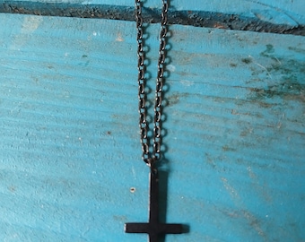 Small Black Sterling Silver Inverted Cross Necklace