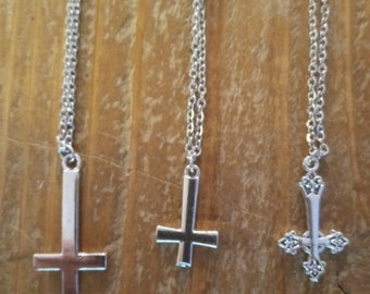 Small Silver Upsidedown Cross Necklace, Small Inverted Cross Necklace, Satanic Necklace