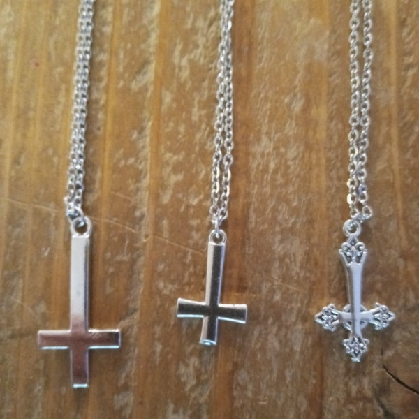 Small Silver Upsidedown Cross Necklace, Small Inverted Cross Necklace, Satanic Necklace