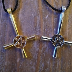 Inverted Cross with Pentagram Keychain or Necklace, Upsidedown Cross with Pentagram
