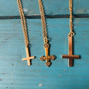 Small Gold Inverted Cross Necklace, Medium Inverted Cross Necklace, Small Upsidedown Cross Necklace, Medium Upsidedown Cross Necklace