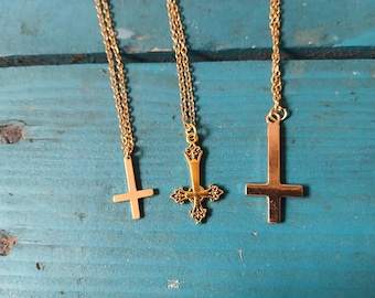 Gold Inverted Cross Necklace: Sterling Silver Chain, Pendant