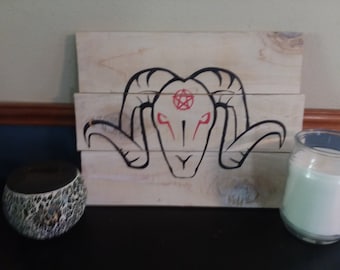 Baphomet wood sign,Pretty Satanic Goat  with Pentagram Wood Sign