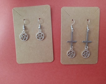 Hipoalergiczne, Kolczyki z odwróconym krzyżem i odwróconym pentagramem, Kolczyki z odwróconym pentagramem, Kolczyki satanistyczne, Biżuteria z satanistycznym krzyżem,
