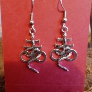 Leviathan Cross with Snake Earrings, Silver Leviathan Cross, Satanic Decor